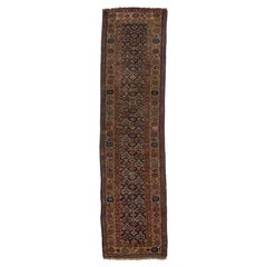 Chemin de table antique en laine de Malayer fait à la main en bleu et Brown avec motif Allover