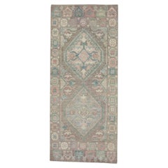 Turkish Oushak Rug Green and Pink Geometric Design Handwoven Rug  3' x 6'9"