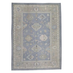 Turkish Oushak Rug Blue and Green Floral Handwoven Wool 9'11" x 13'8"