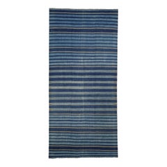Vintage Dhurrie Runner Rug with Blue and Beige Stripes  Rug & Kilim