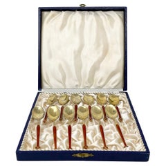 Set of 12 Antique Norwegian Sterling Silver & Enamel Demi-Tasse Spoons, Ca. 1910