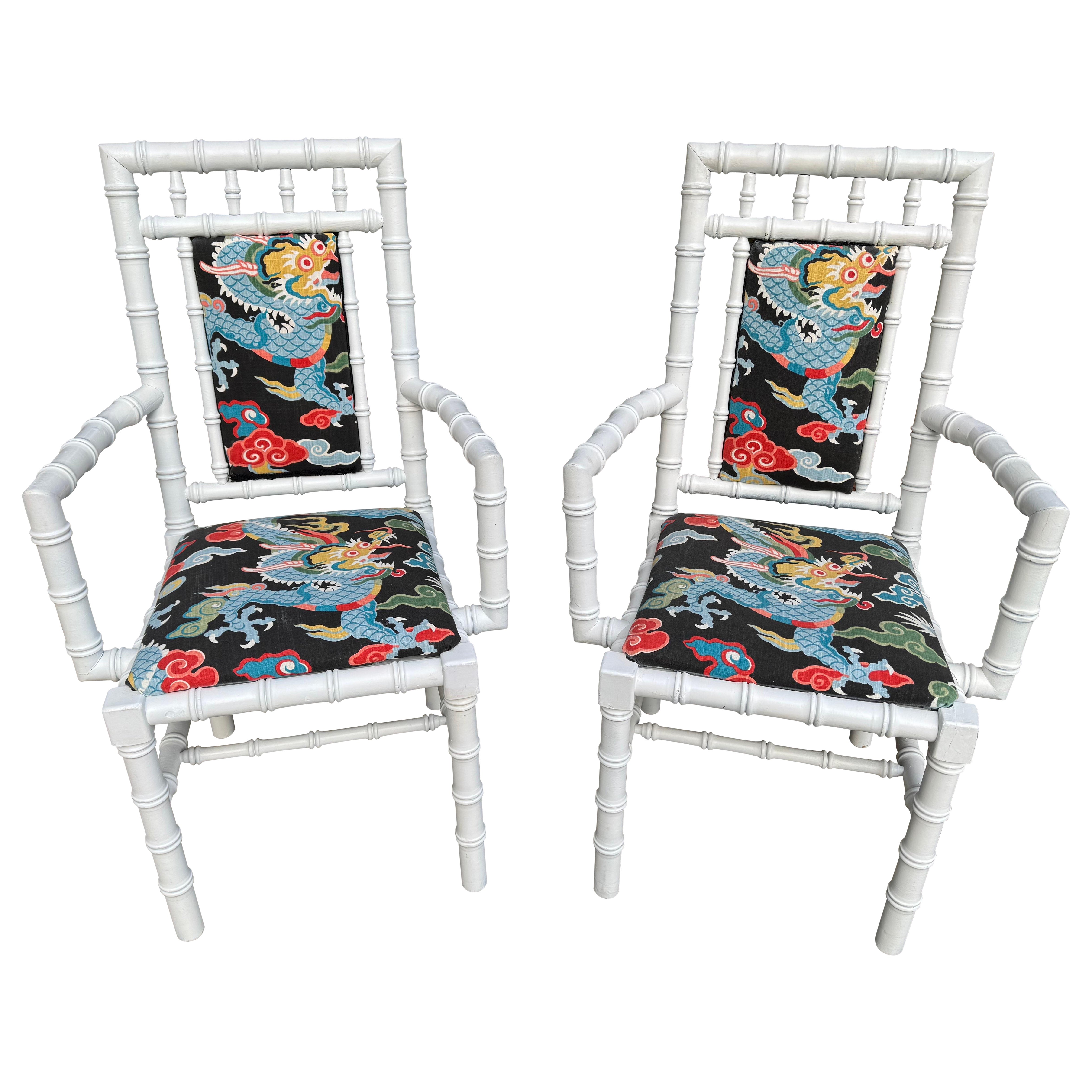 Pair of White Wooden Faux Bamboo Chairs