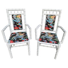 Pair of White Wooden Faux Bamboo Chairs