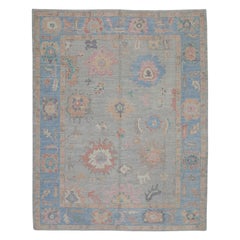 Turkish Oushak Rug Pink and Blue Floral Handwoven Wool Rug 9'6" x 11'10"