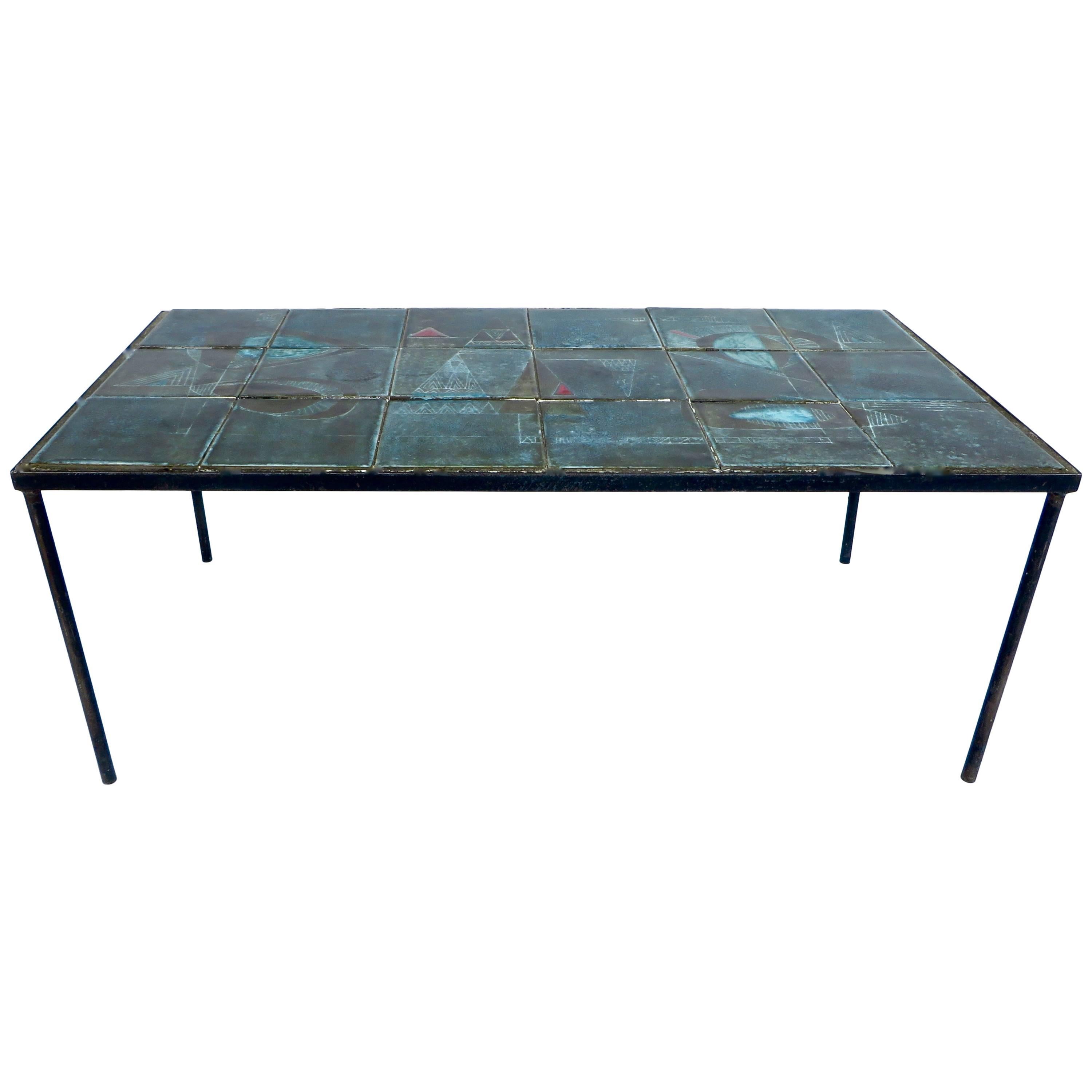 French Graphic Ceramic Tile Coffee Table by Les Deux Potiers Two Potiers 