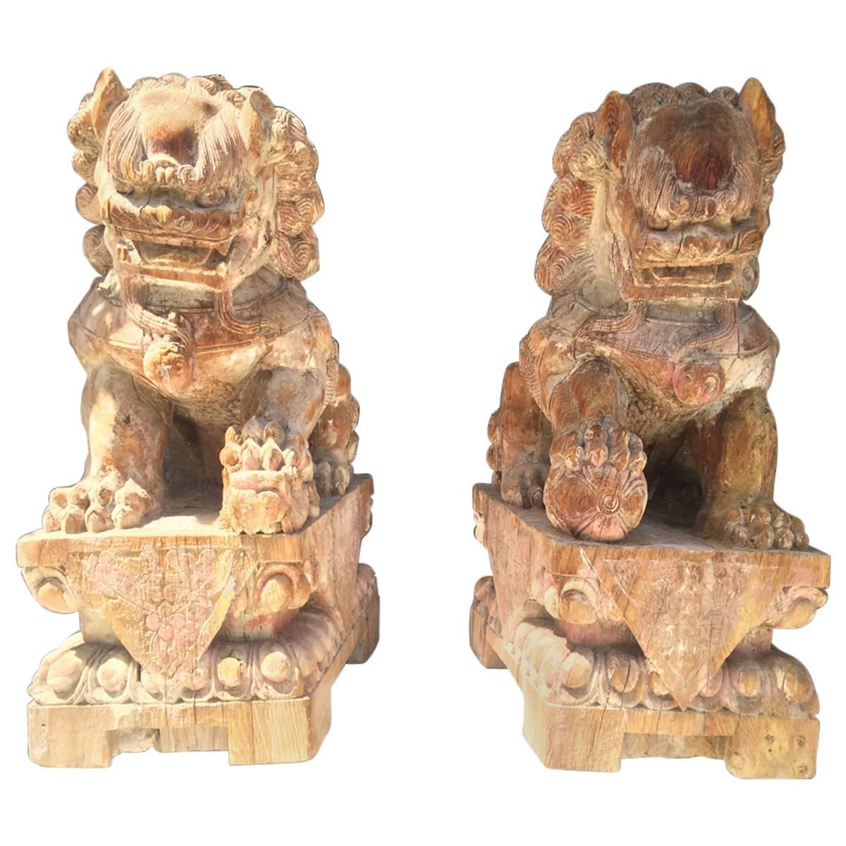 Pair of Large Antique Carved Wood Chinese Foo Dogs at 1stdibs