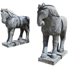 Pair of Chinese Solid Carved Stone Horses