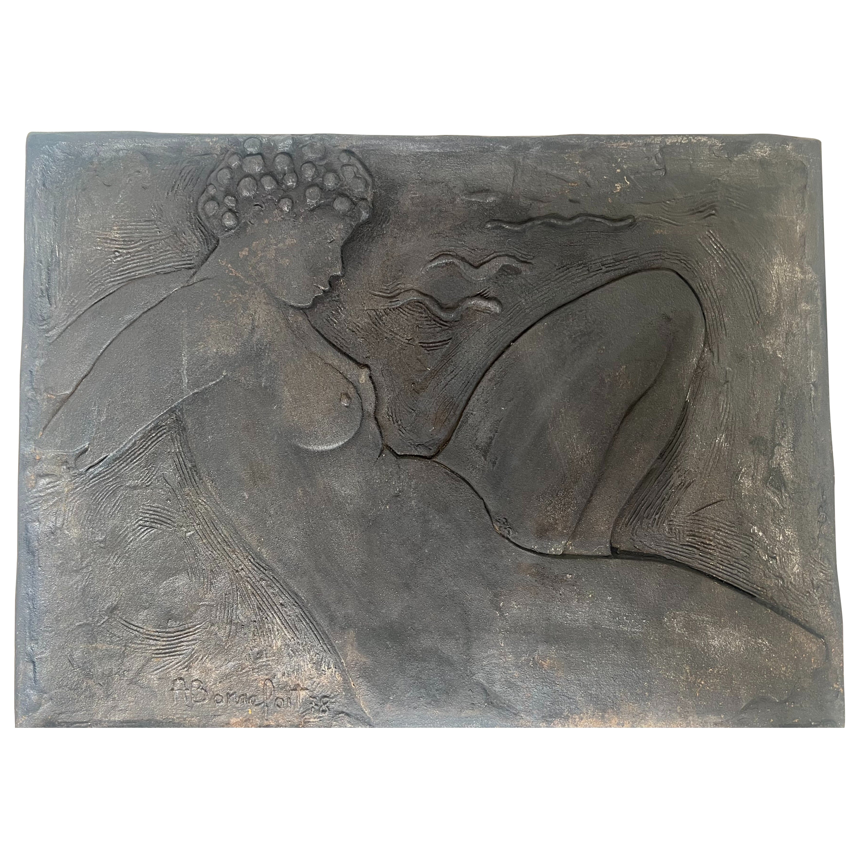 Cast Iron Fireback Representing a Nude Woman Signed Bonnefoit, 1987