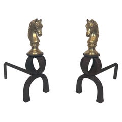 Important Pair of Bronze and Wrought Iron Andirons Representing Horse Heads