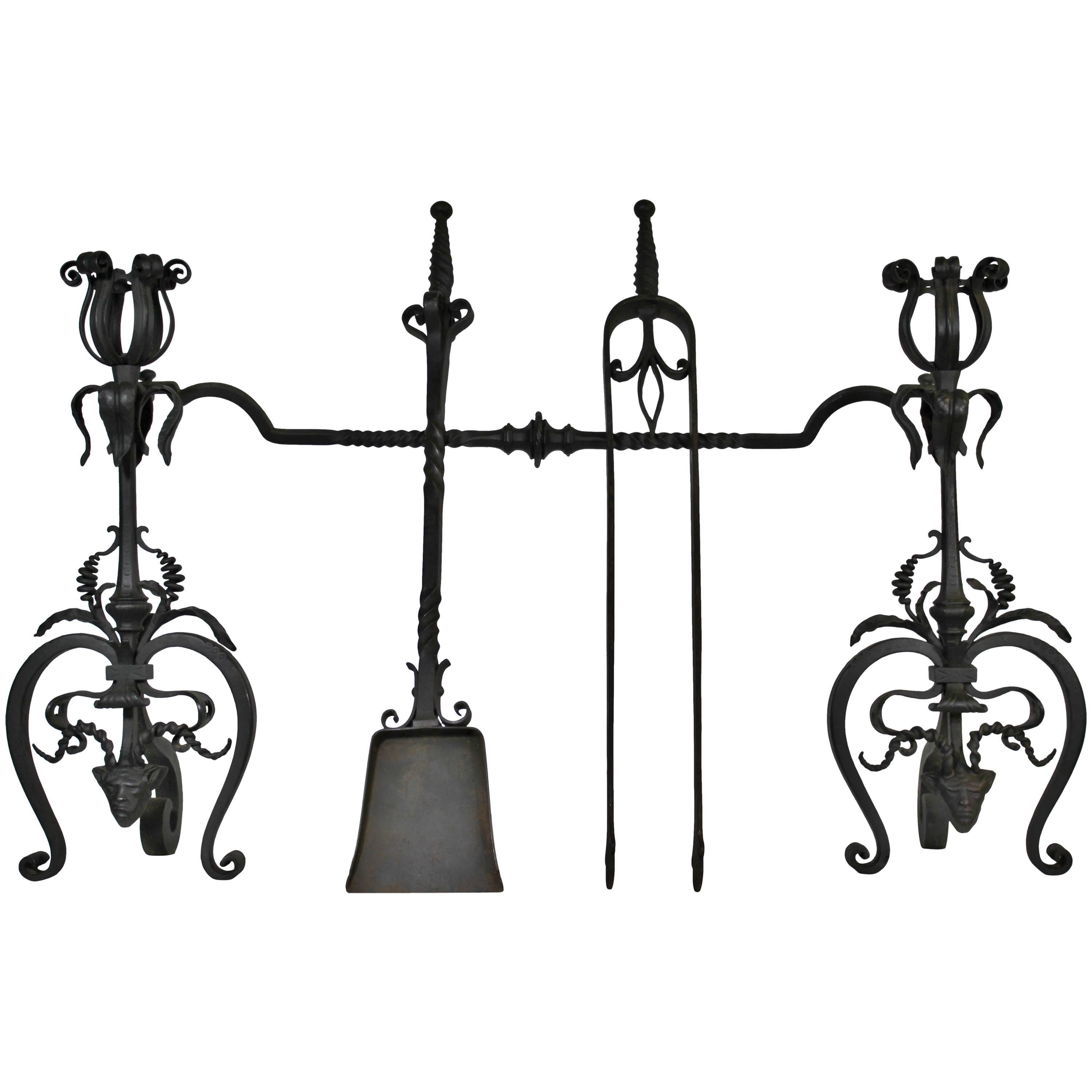 Pair of Gothic Revival Wrought Iron Andirons with Figural Horned Devils