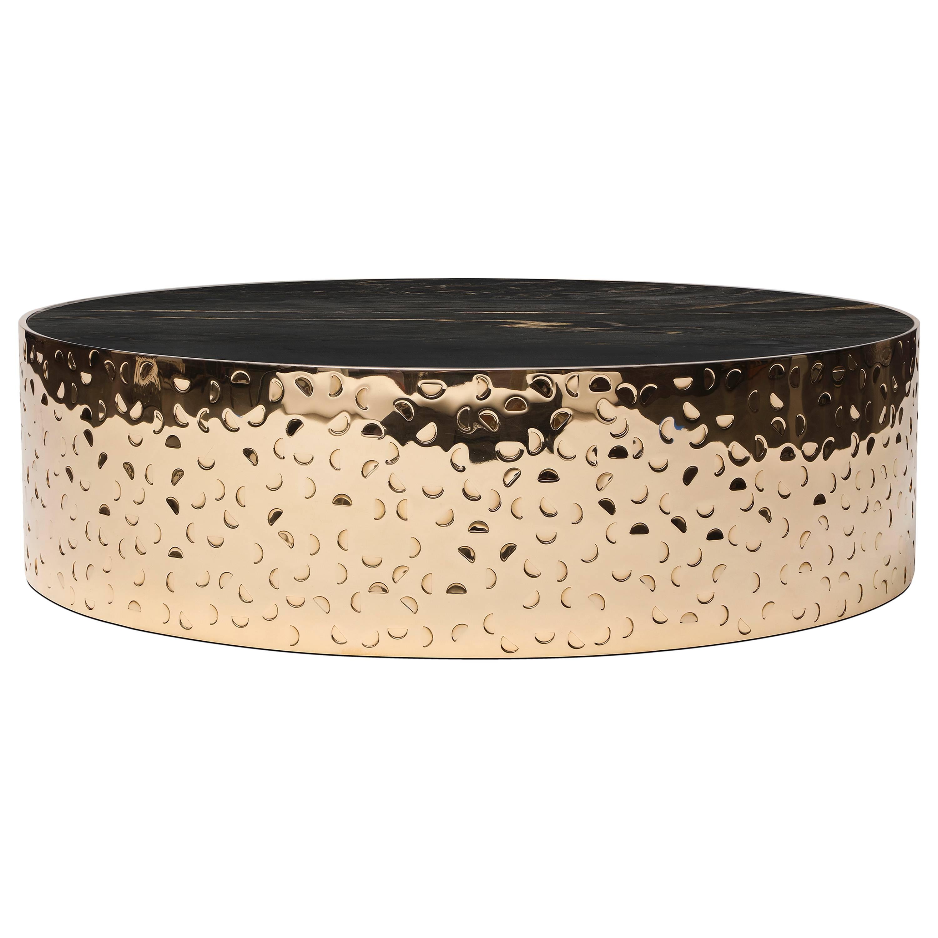 HISPAR Coffee Table - Hand-Hammered Polished Bronze + Marble  For Sale