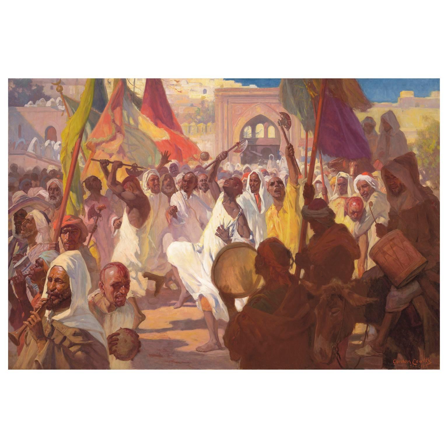Óleo orientalista sobre lienzo muy fino y de gran tamaño titulado "Rituales de Ashura, Tánger"