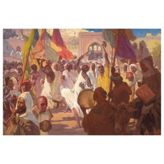 Very Fine and Large Orientalist Oil on Canvas Titled "Ashura Rituals, Tangier"