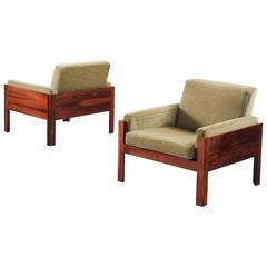 Pair of Lounge Chairs in Rosewood and Green Fabric