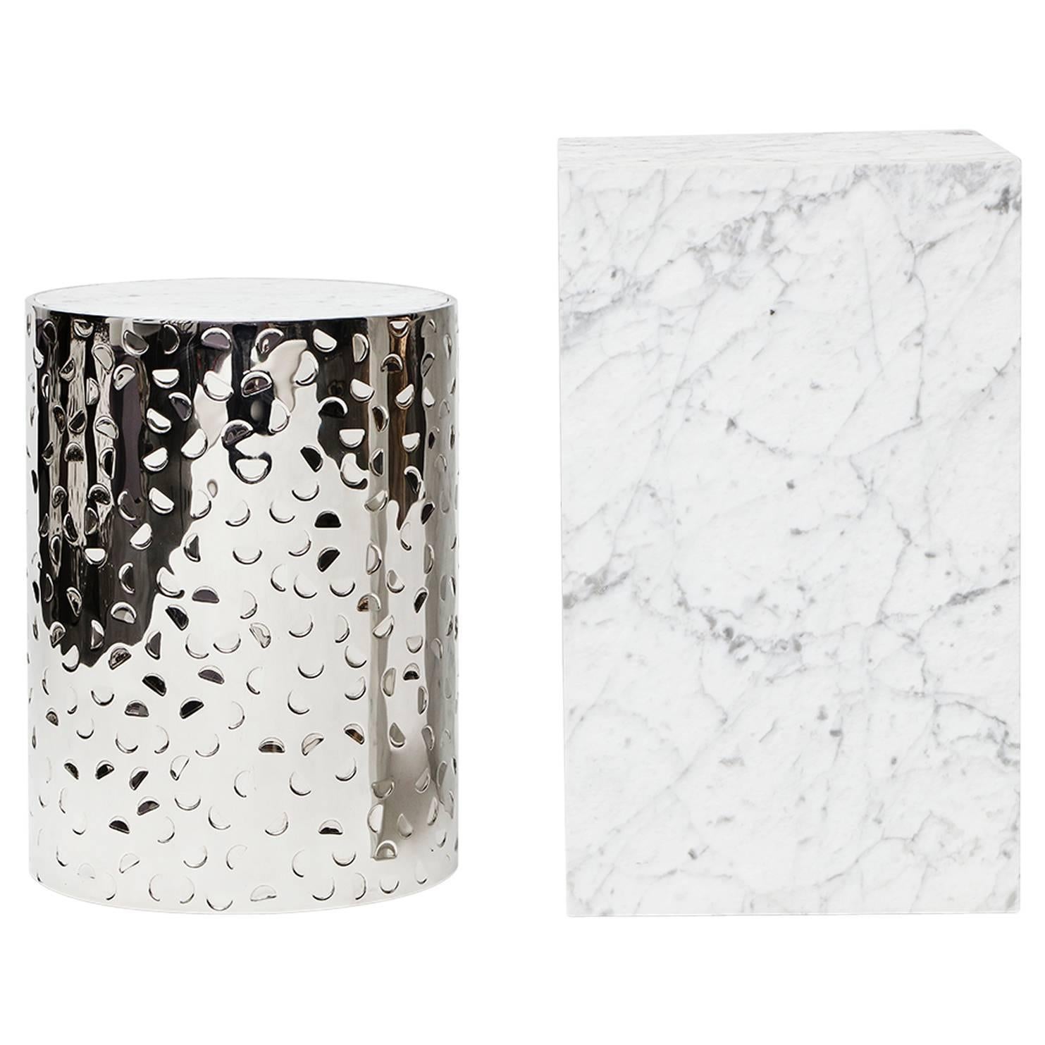 BIAFO + AIALIK nesting tables - Hand-Hammered Stainless Steel + Marble  For Sale