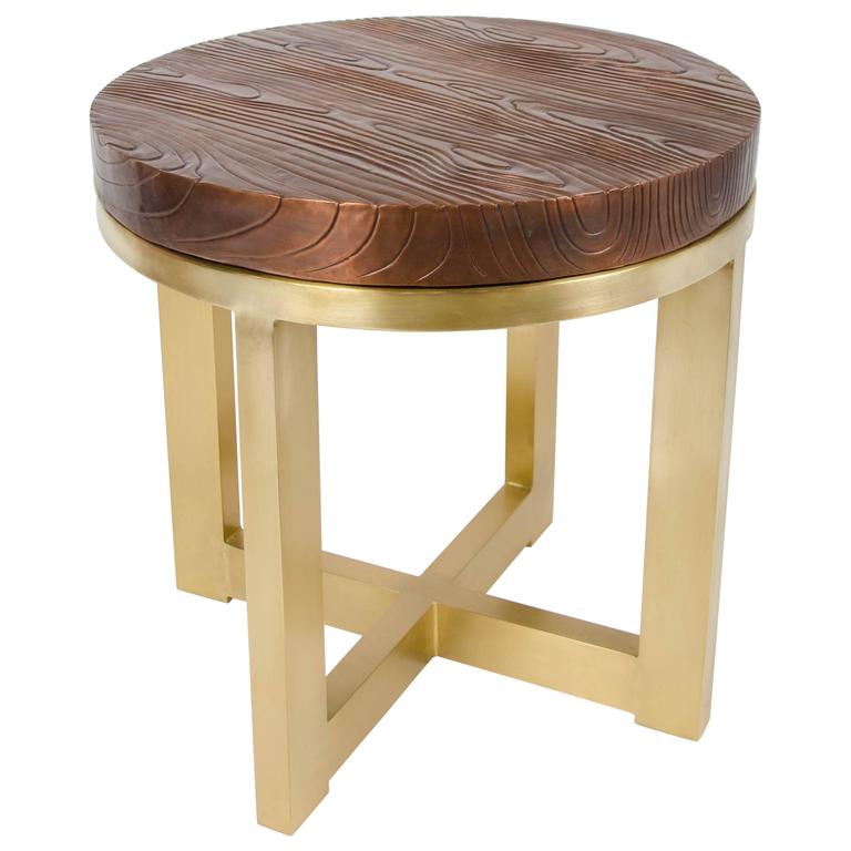 Copper Wood Grain Top with Brass Base Side Table by Rober Kuo, Limited