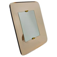 Fontana Arte Mid-Century Curved Pink Crystal and Brass Table Mirror Italy 50s