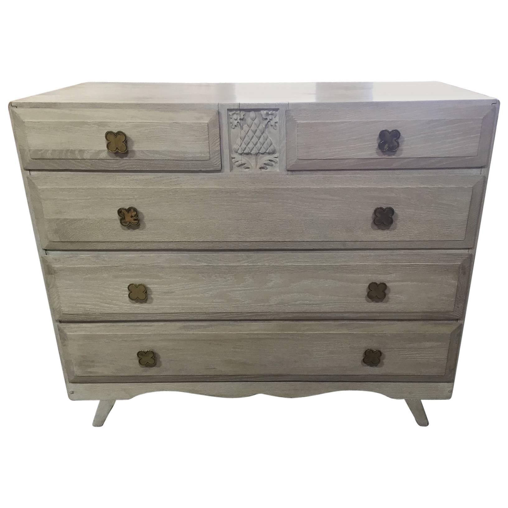 1920's English Oak Limed Chest with Four Leaf Clover Pulls For Sale