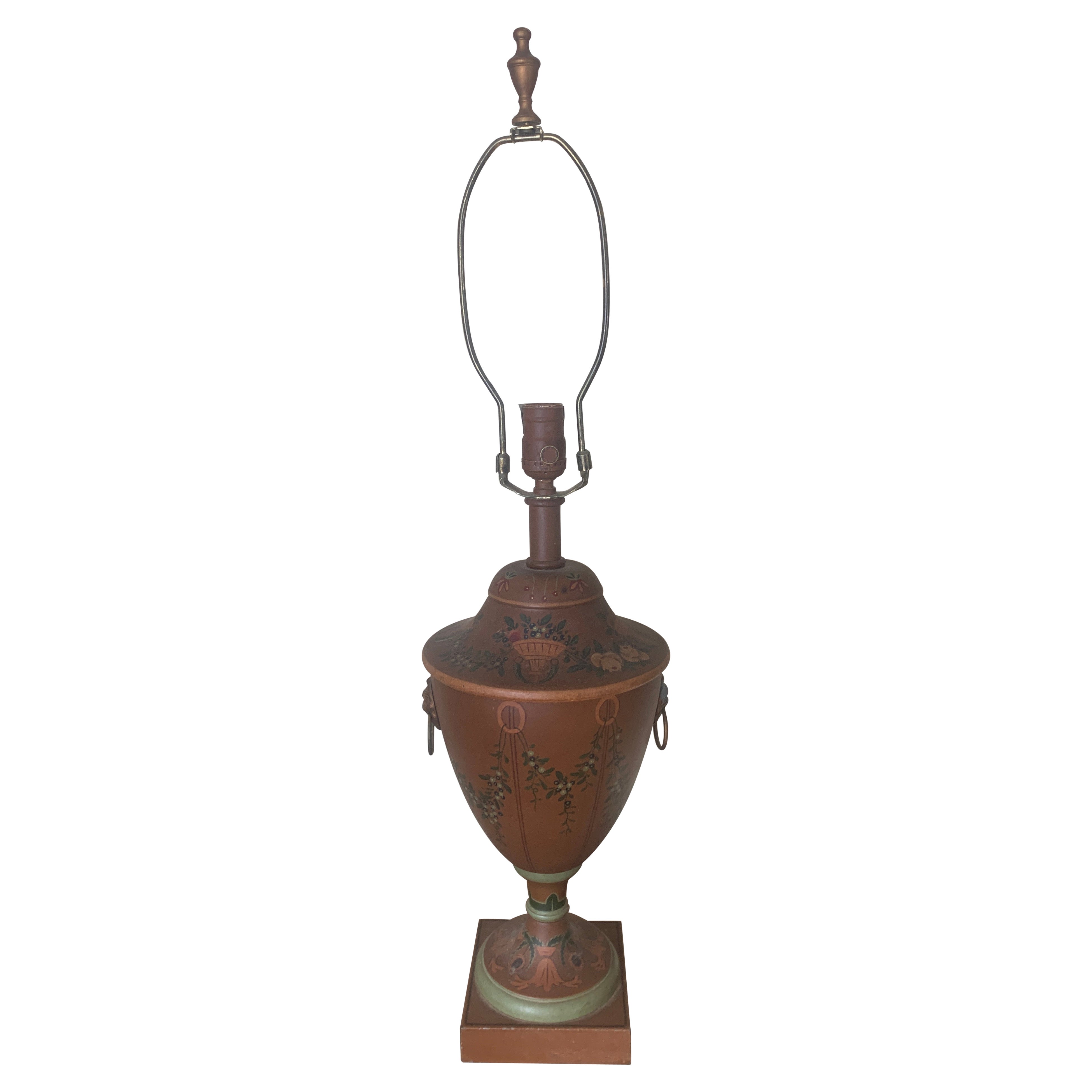 Neoclassical Hand Painted Tole Table Lamp With Lion Heads