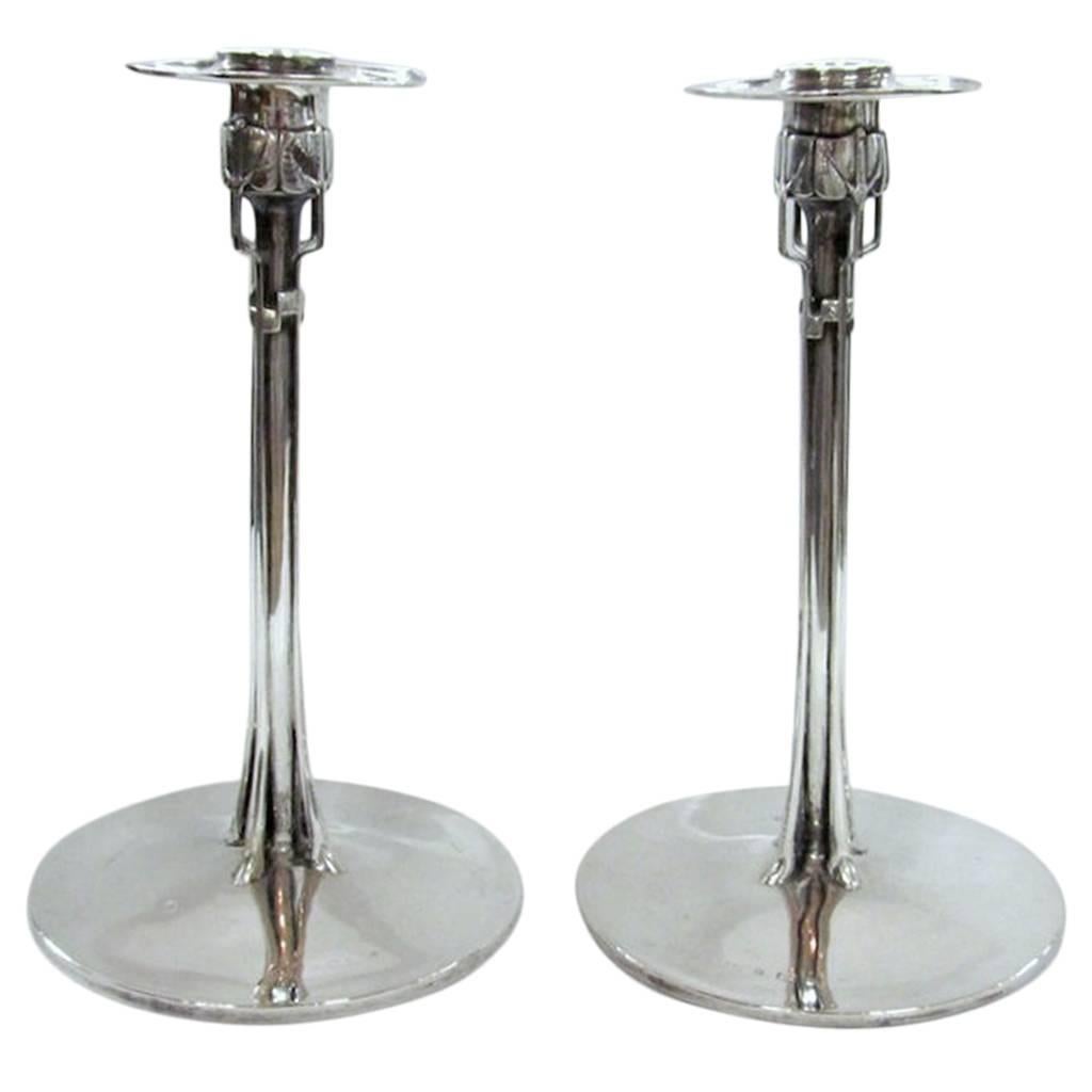 Pair of Sterling Silver Cymric Candlesticks, Archibald Knox for Liberty and Co