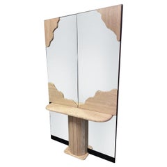 Magnificent wall mirror with travertine console, Italian design, Circa 70.