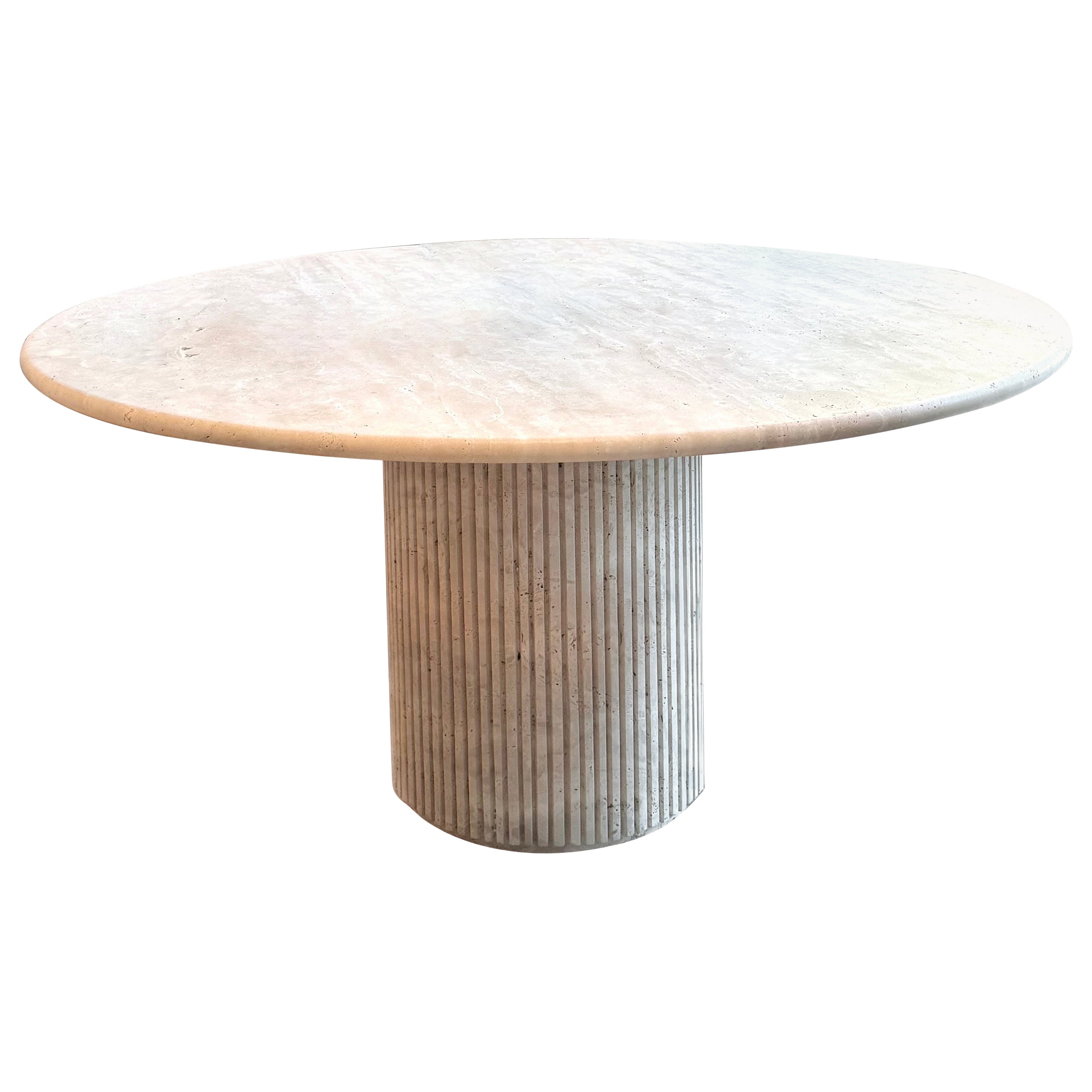 Large Travertine Round Dining Table with Fluted Groove Base