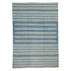 Tappeto vintage Dhurrie con strisce blu e grigie  Rug & Kilim