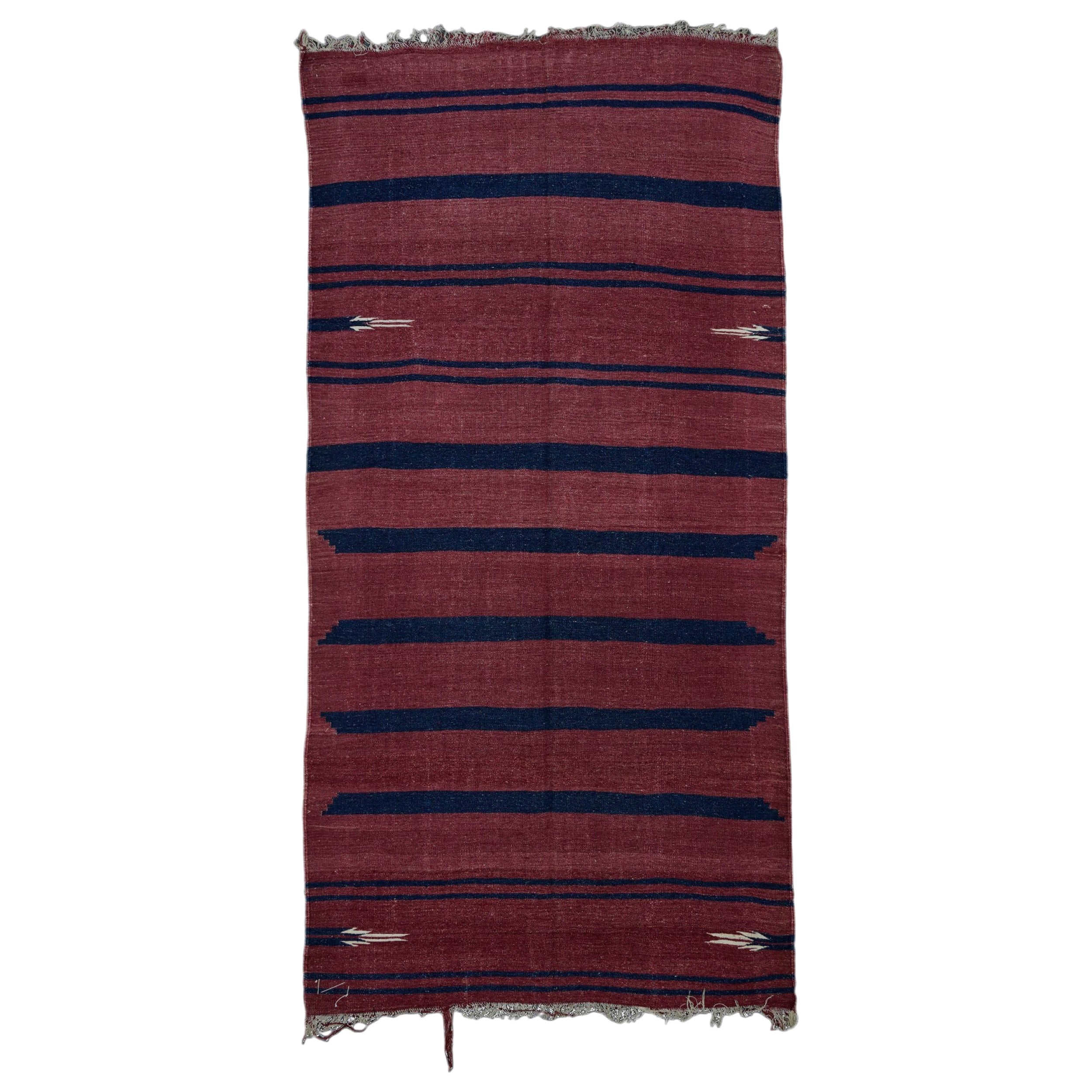 Vintage Dhurrie Runner Rug with Red and Blue Stripes  Rug & Kilim
