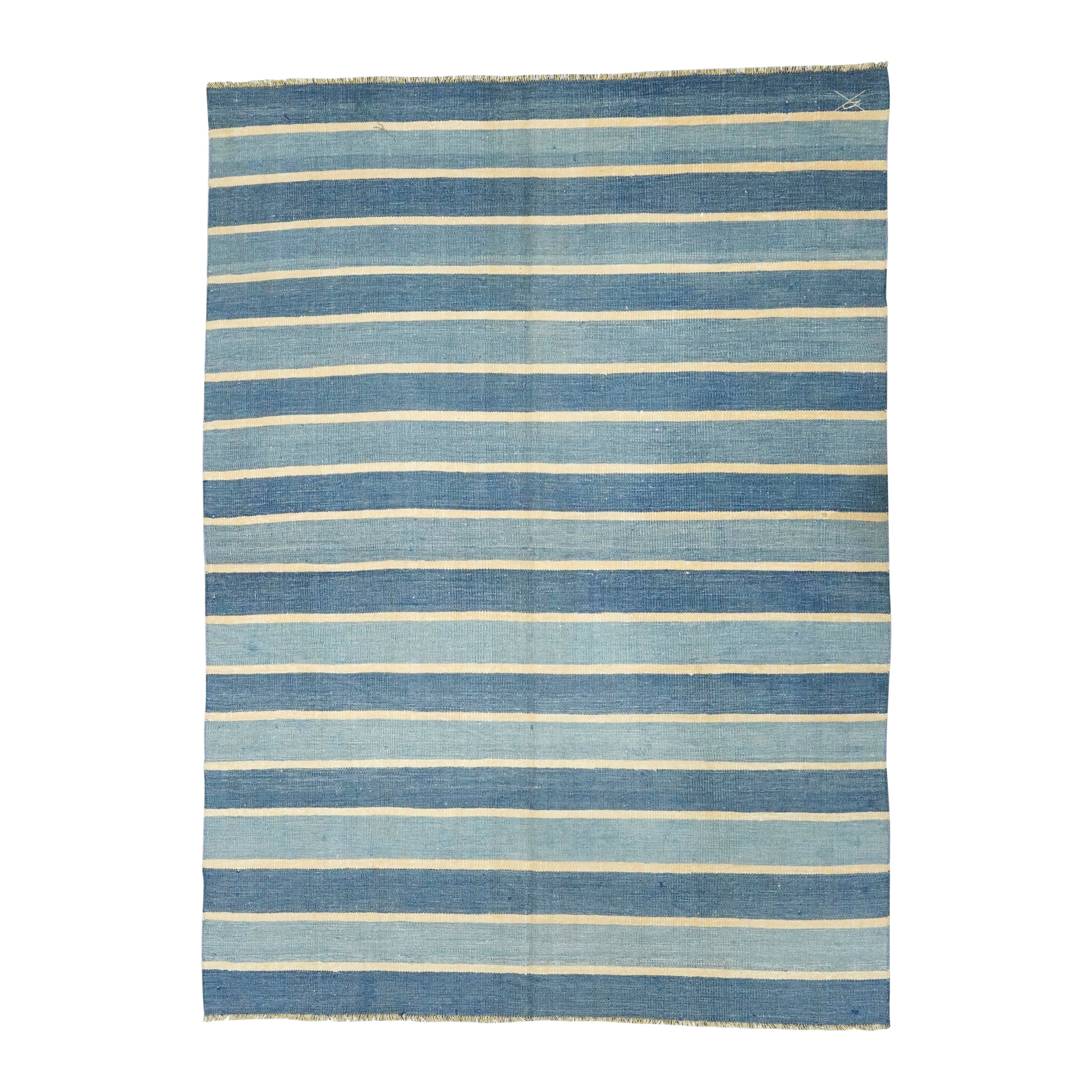Tapis Dhurrie vintage à rayures bleues et accents jaunes  Rug & Kilim