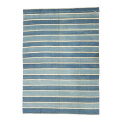 Tapis Dhurrie vintage à rayures bleues et accents jaunes  Rug & Kilim