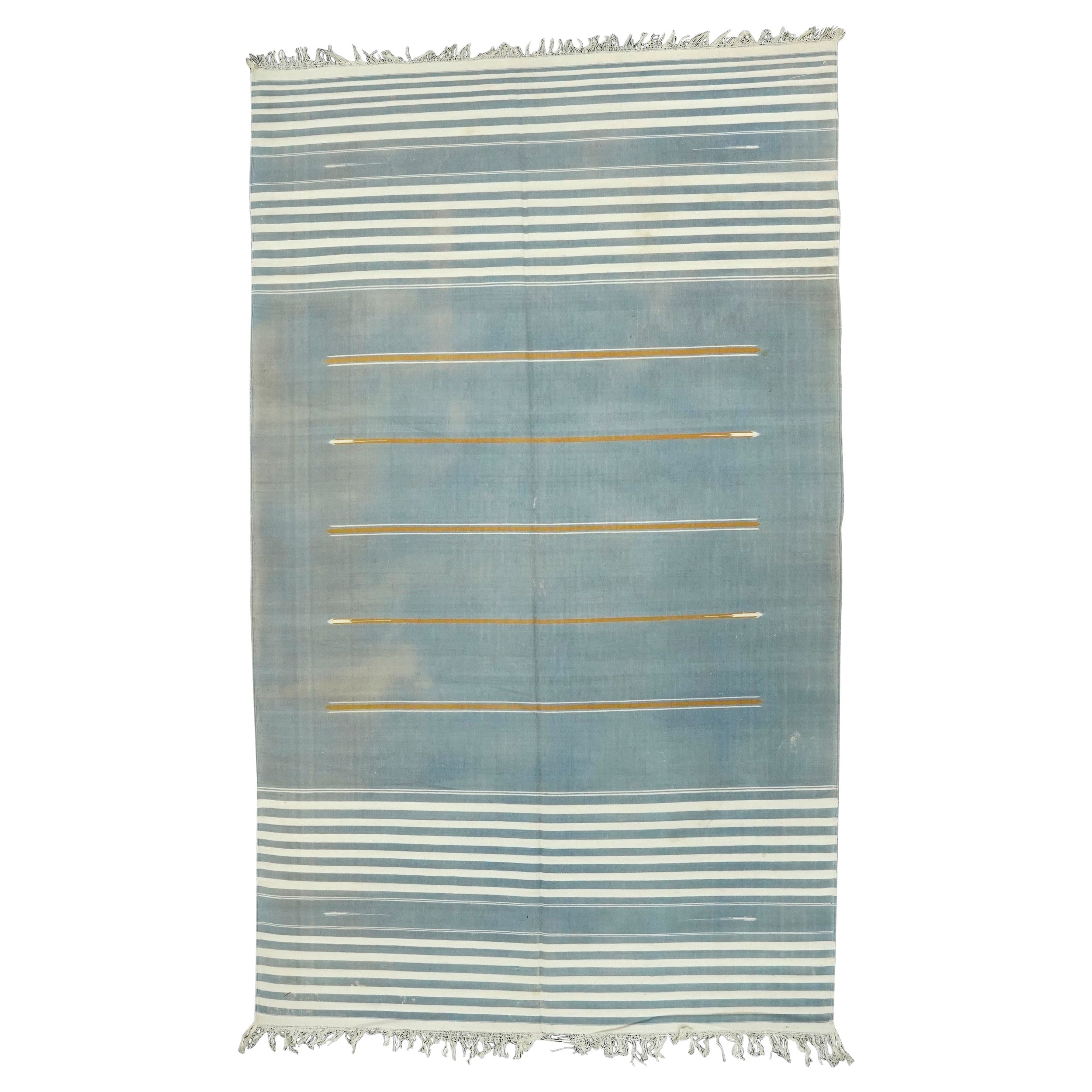 Vintage Dhurrie Runner Rug in Blue with White and Gold Stripes  Rug & Kilim