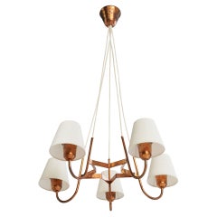 Schwedischer Designer, Kronleuchter, Kupfer, Stoff, Schweden, 1940er Jahre