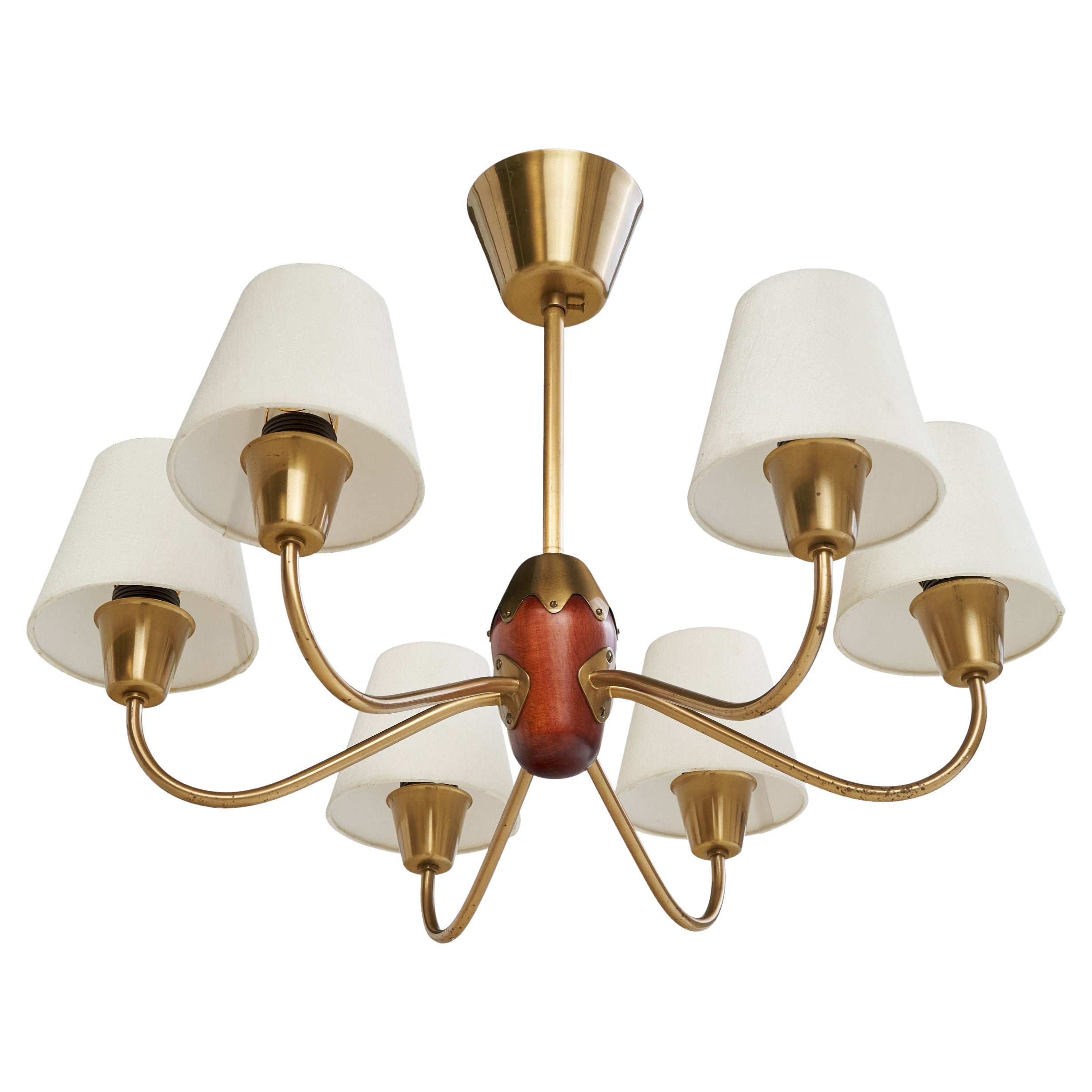 Lustre Bergboms, laiton, hêtre, tissu, Suède, années 1940