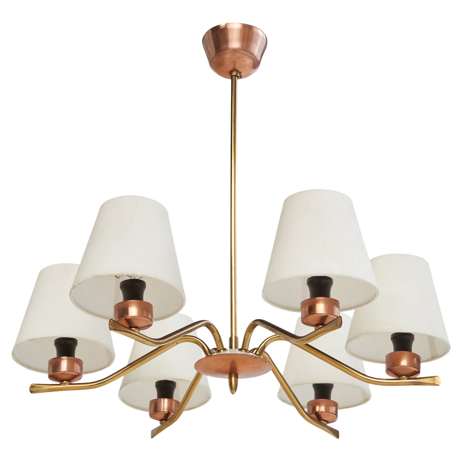 Swedish Designer, Chandelier, Brass, Copper, Fabric, Sweden, 1950s