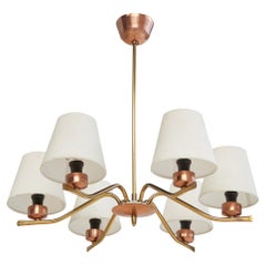 Swedish Designer, Chandelier, Brass, Copper, Fabric, Sweden, 1950s