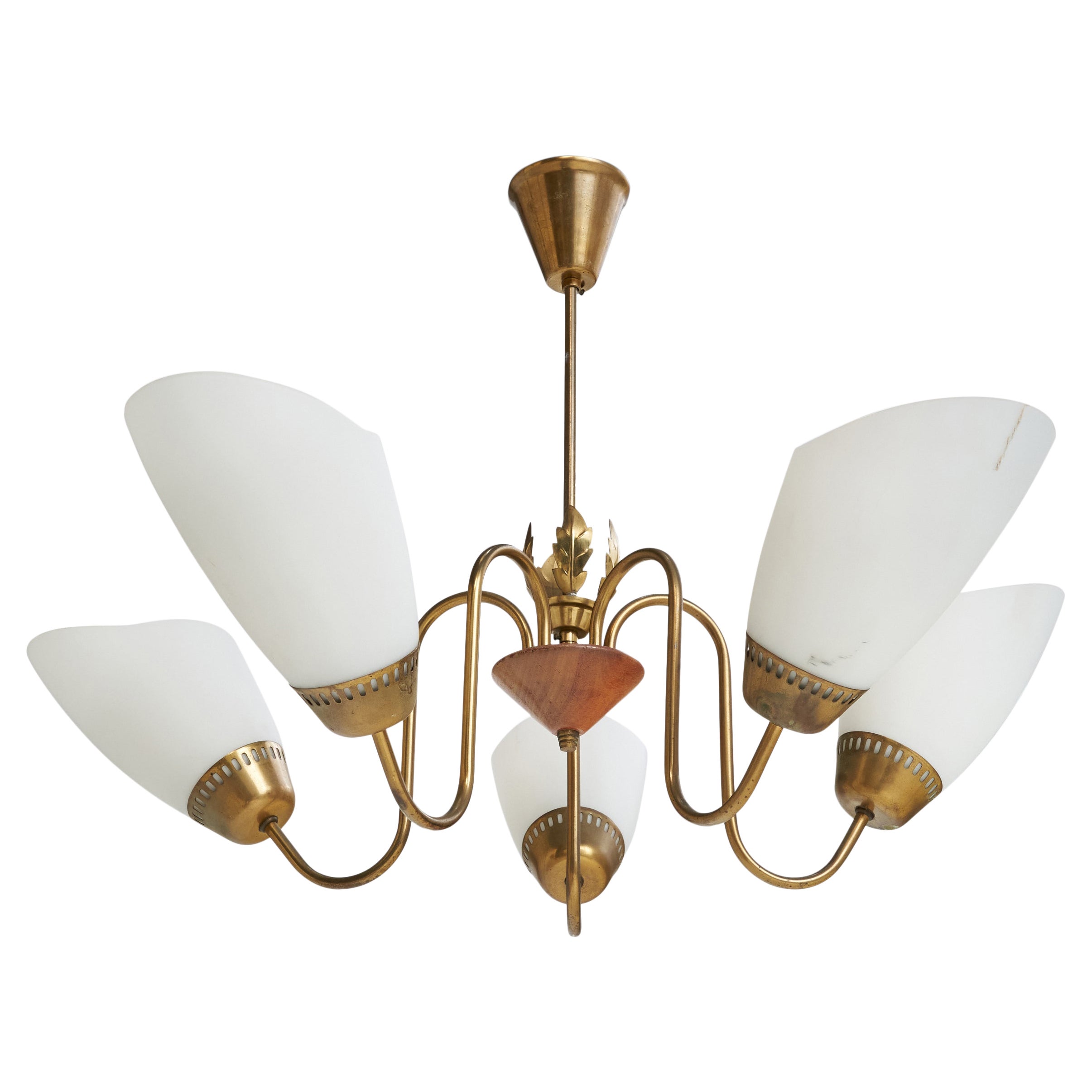 Swedish Designer, Chandelier, Brass, Wood, Glass, Sweden, 1940s For Sale