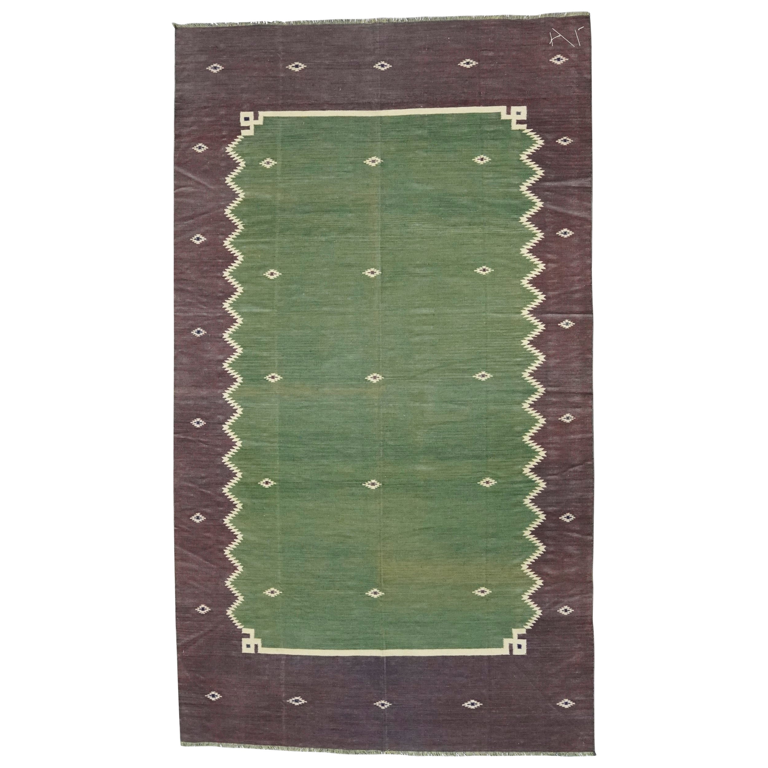Vintage Dhurrie Runner Rug in Green with Brown Geometric Border  Rug & Kilim