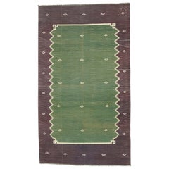 Tapis Dhurrie vintage vert avec bordure géométrique marron  Rug & Kilim