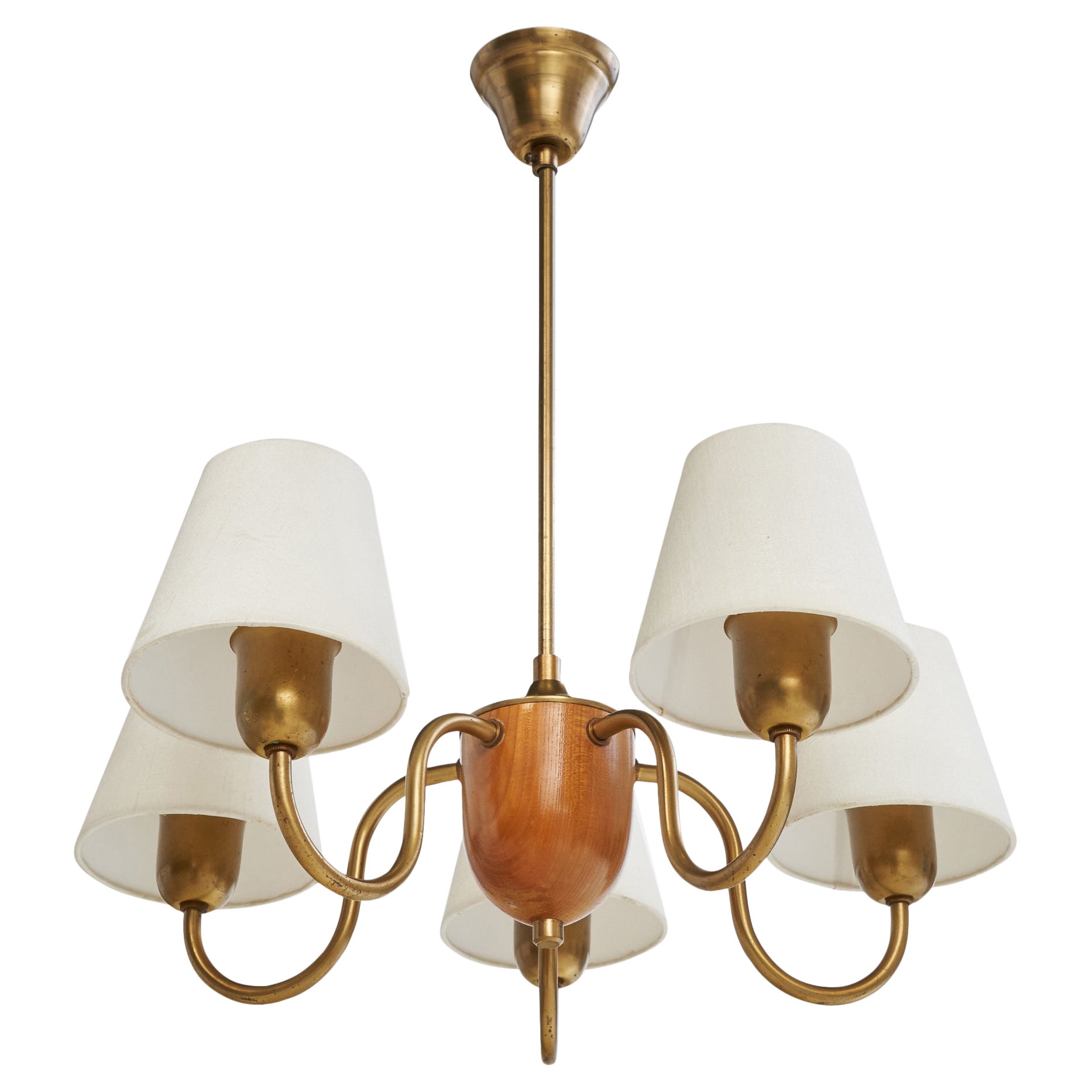 Swedish Designer, Chandelier, Brass, Oak, Fabric, Sweden, 1950s