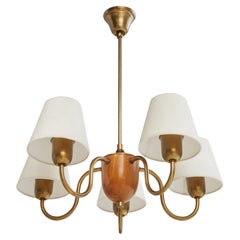 Swedish Designer, Chandelier, Brass, Oak, Fabric, Sweden, 1950s