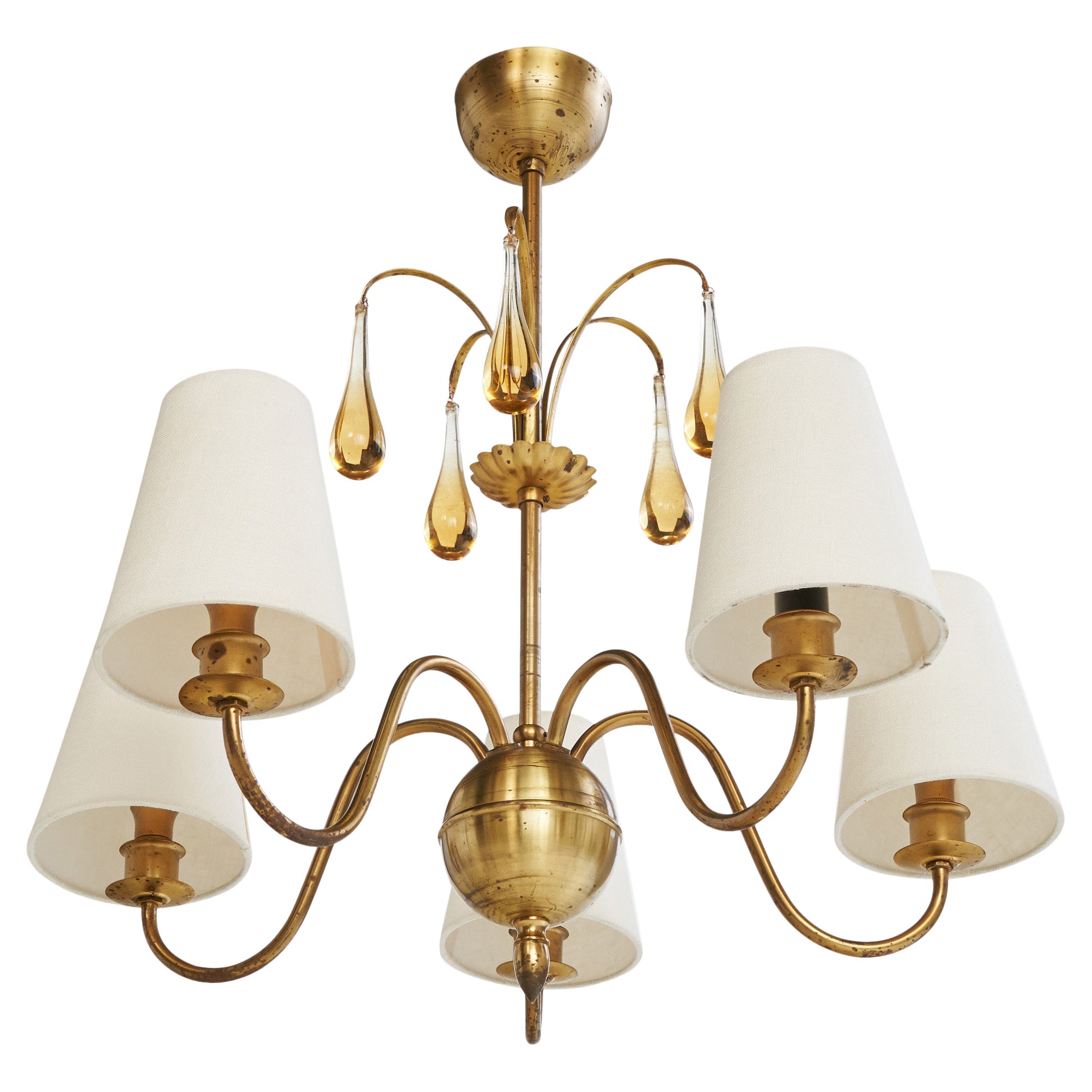 Swedish Designer, Chandelier, Brass, Glass, Fabric, Sweden, 1920s