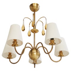 Swedish Designer, Chandelier, Brass, Glass, Fabric, Sweden, 1920s