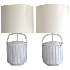 Pair of Mid-Century Woven Reed Basket Form Table Lamps 8