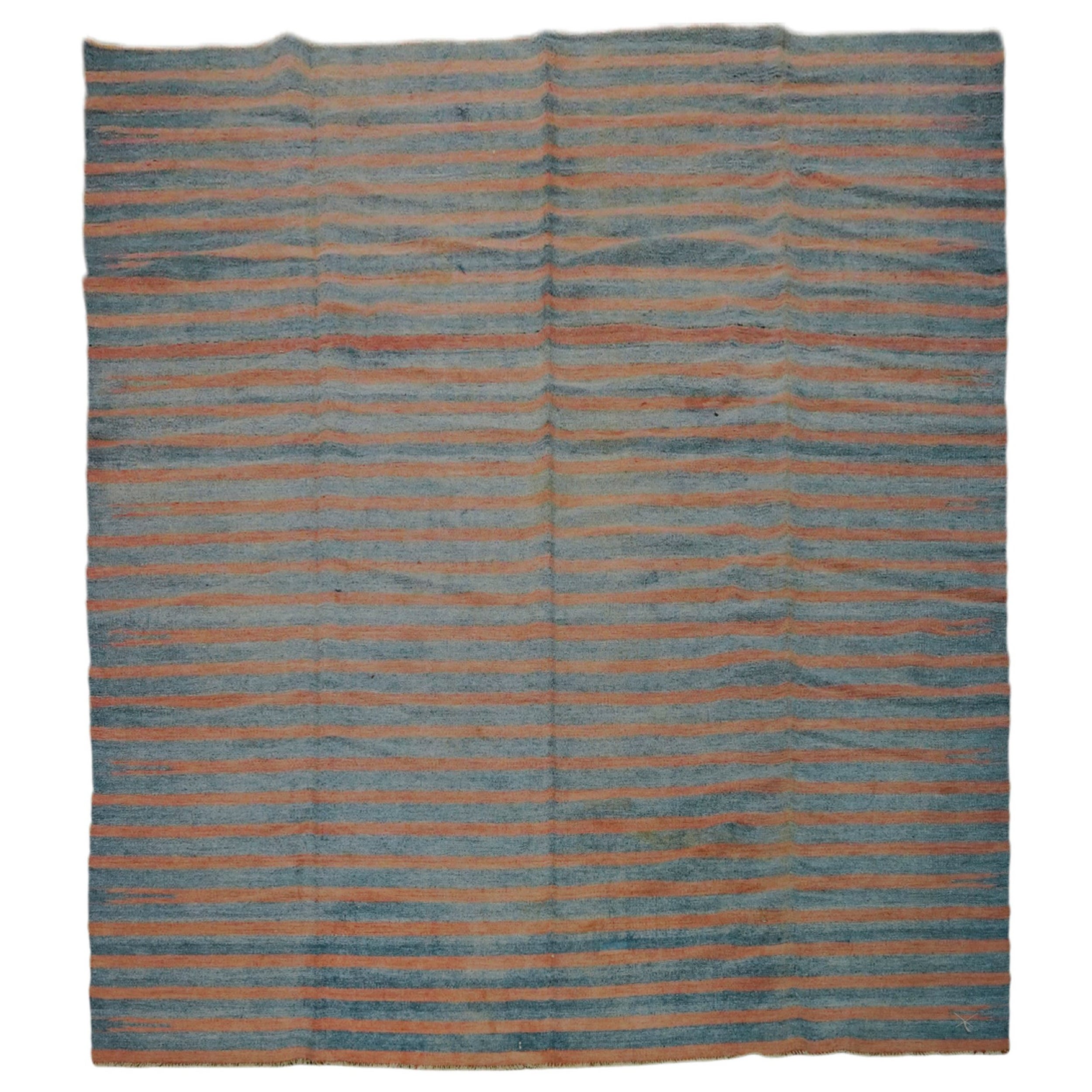 Alfombra Dhurrie Vintage con Rayas Azules y Marrones  Rug & Kilim