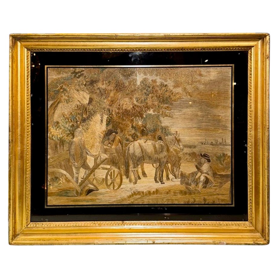 19th Century English Framed Silk Panel with Horses and Wagon For Sale