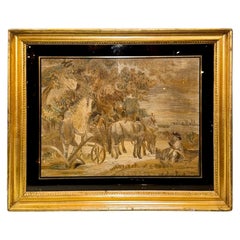 Panneau anglais encadré du 19ème siècle avec chevaux et wagon