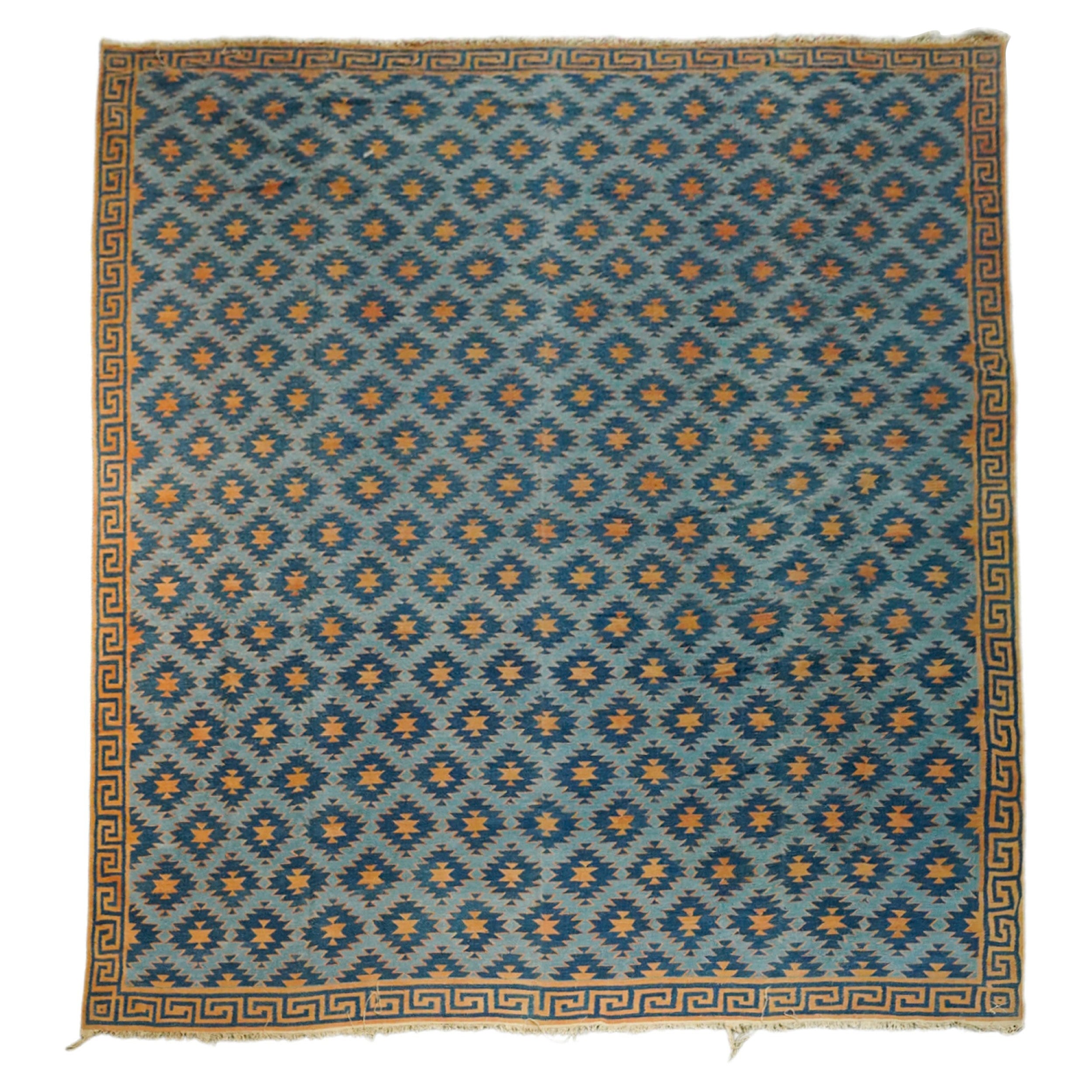 Vintage Dhurrie Rug in Blue and Gold with Geometric Patterns  Rug & Kilim
