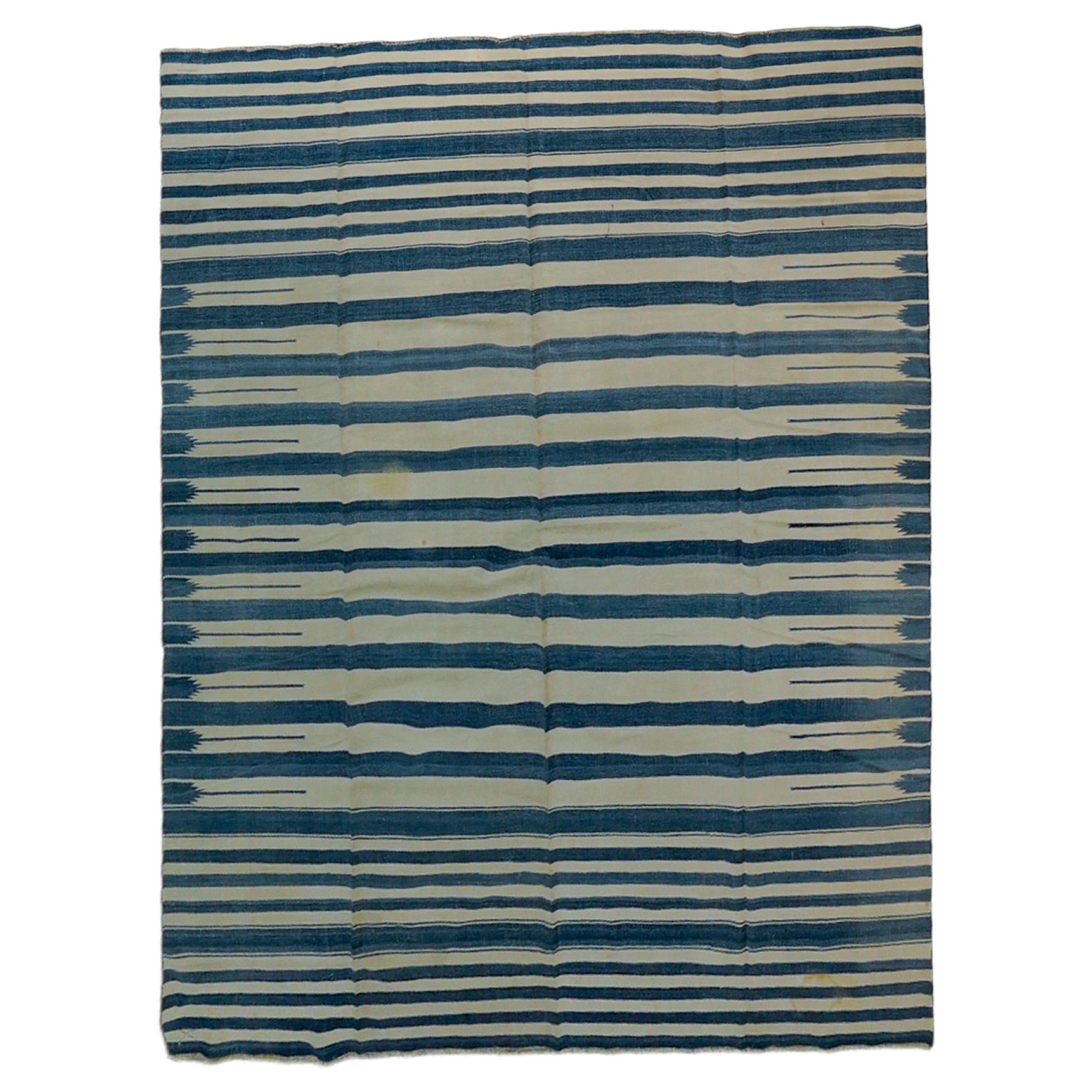 Vintage Dhurrie Rug with Blue and Cream Stripes  Rug & Kilim