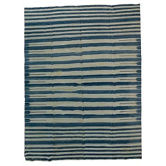 Vintage Dhurrie Rug with Blue and Cream Stripes  Rug & Kilim