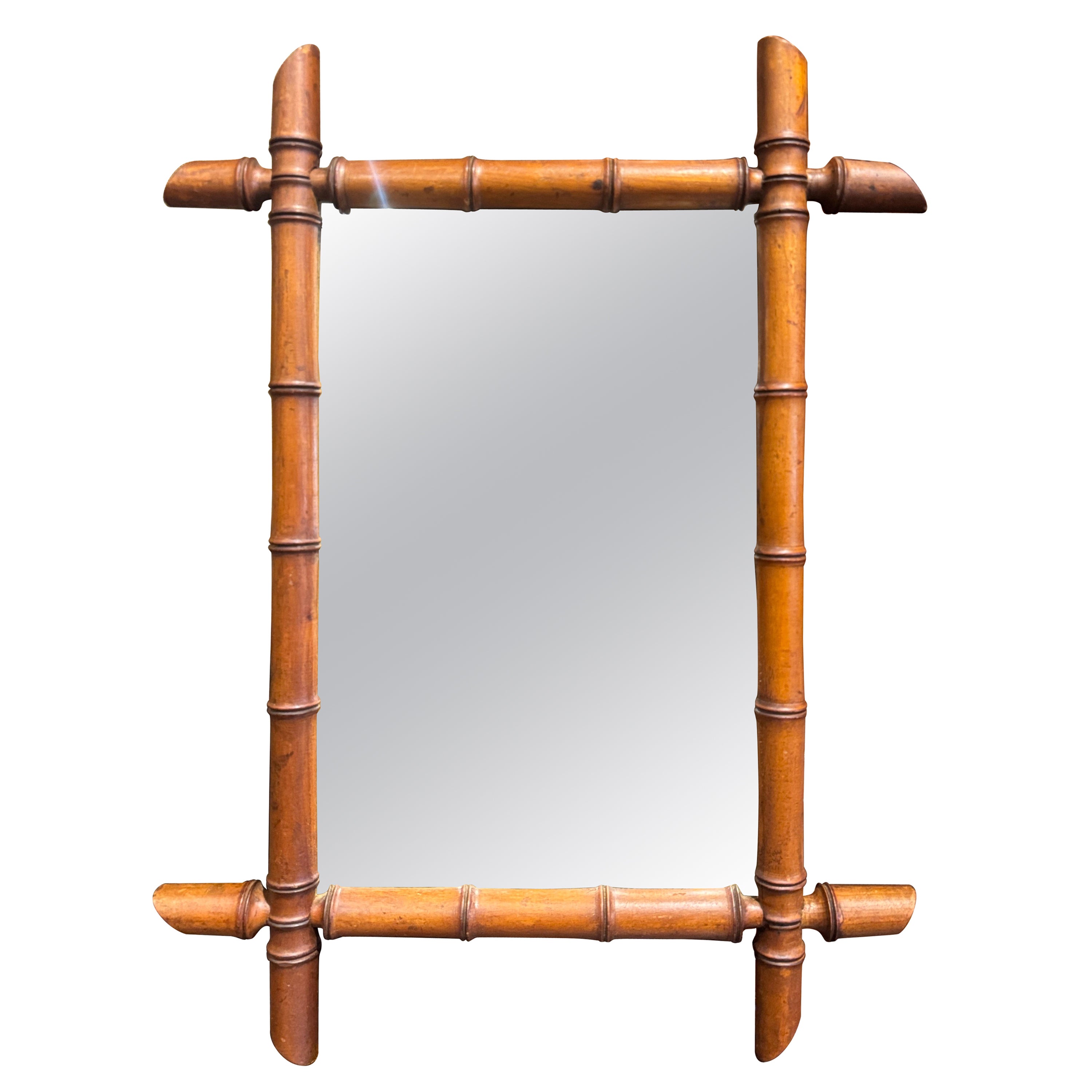 Early 20th Century French Hand Carved Walnut Faux Bamboo Wall Mirror